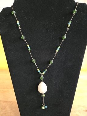 Green Beaded Y-Necklace with Cream Pendant - Women's Necklace